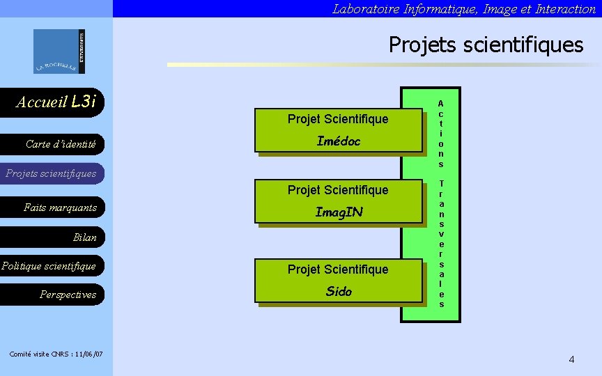 Laboratoire Informatique, Image et Interaction Projets scientifiques Accueil L 3 i Carte d’identité Projet