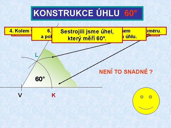 KONSTRUKCE ÚHLU 60° 4. Kolem 2. vrcholu Kolem 5. 6. bodu K Průsečíkem Polopřímka