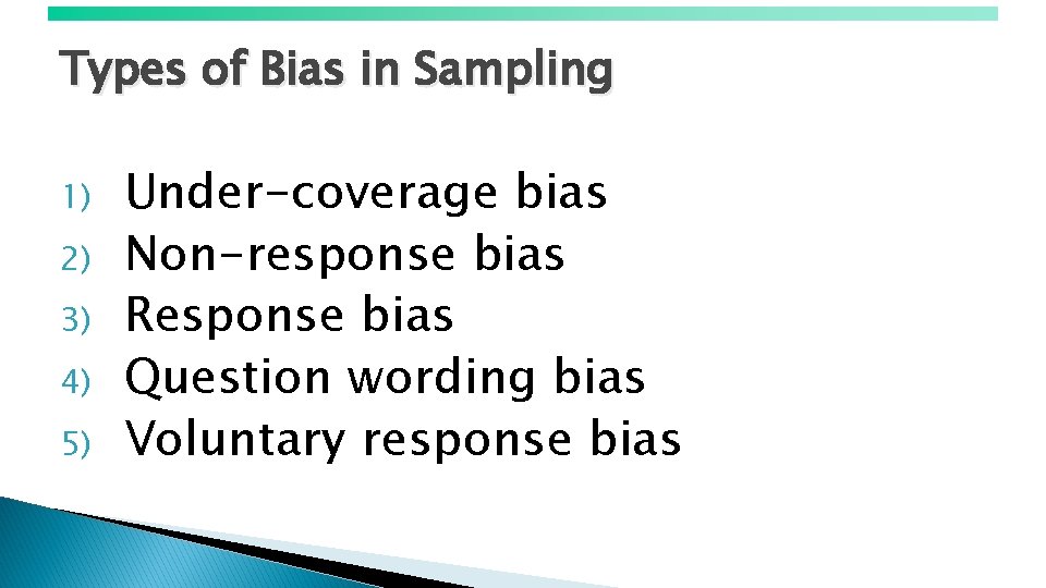 Types of Bias in Sampling 1) 2) 3) 4) 5) Under-coverage bias Non-response bias