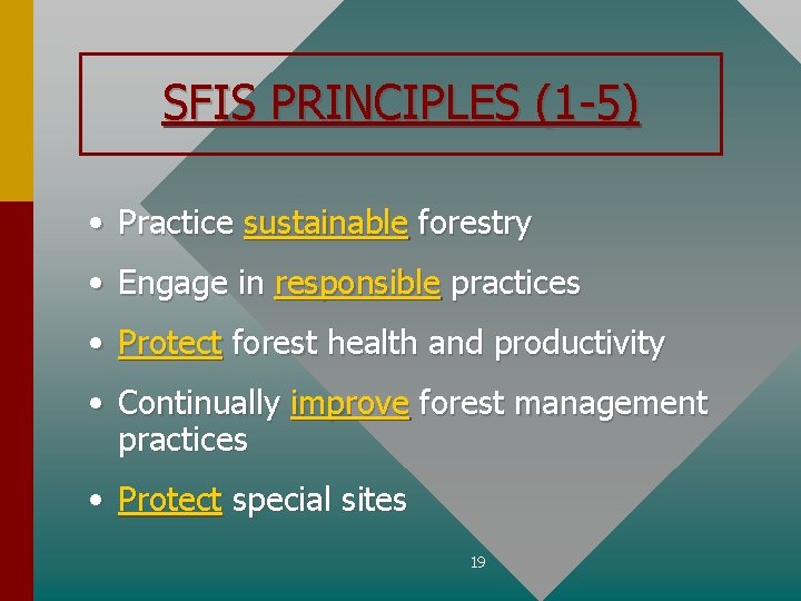 SFIS PRINCIPLES (1 -5) • Practice sustainable forestry • Engage in responsible practices •