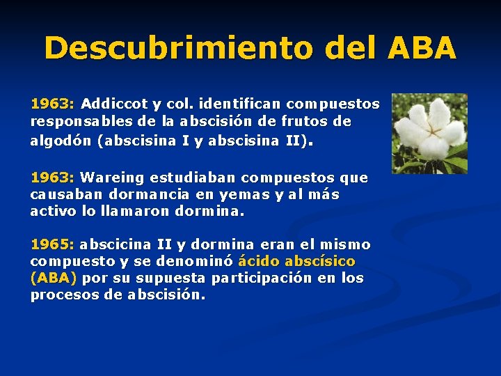 Descubrimiento del ABA 1963: Addiccot y col. identifican compuestos responsables de la abscisión de