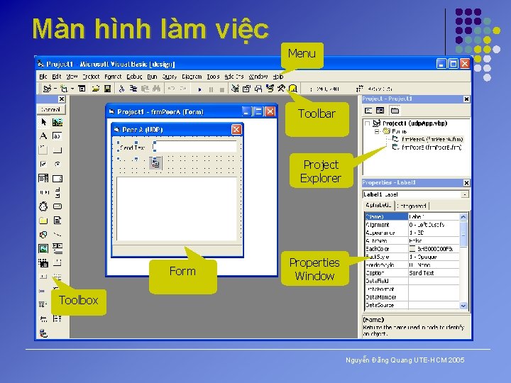 Màn hình làm việc Menu Toolbar Project Explorer Form Properties Window Toolbox Nguyễn Đăng