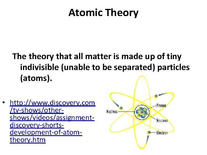 Atomic Theory The theory that all matter is made up of tiny indivisible (unable