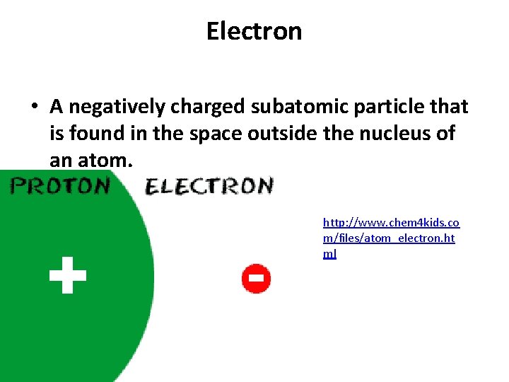 Electron • A negatively charged subatomic particle that is found in the space outside