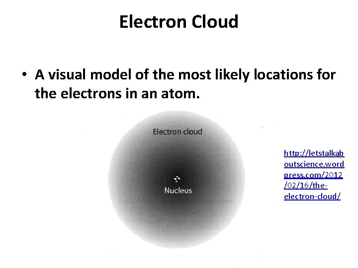 Electron Cloud • A visual model of the most likely locations for the electrons