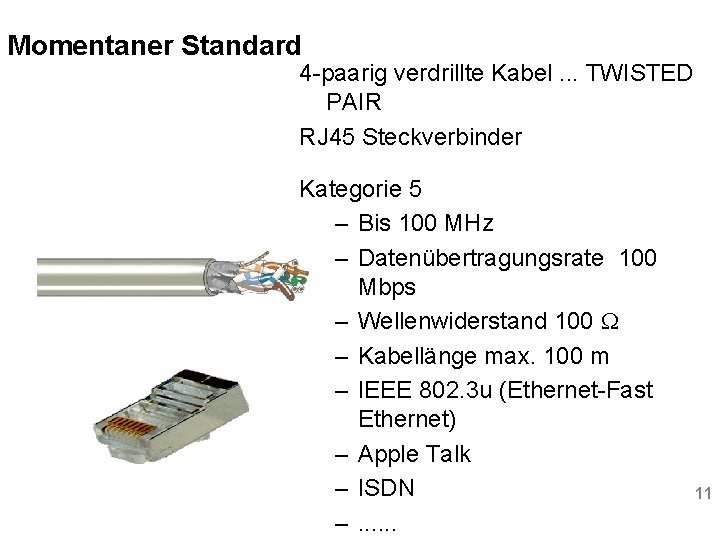 Momentaner Standard 4 -paarig verdrillte Kabel. . . TWISTED PAIR RJ 45 Steckverbinder Kategorie