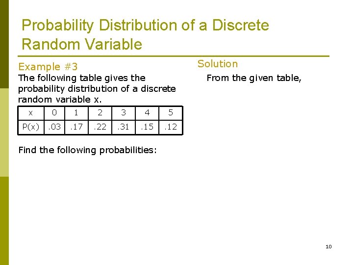 Probability Distribution of a Discrete Random Variable Solution Example #3 The following table gives