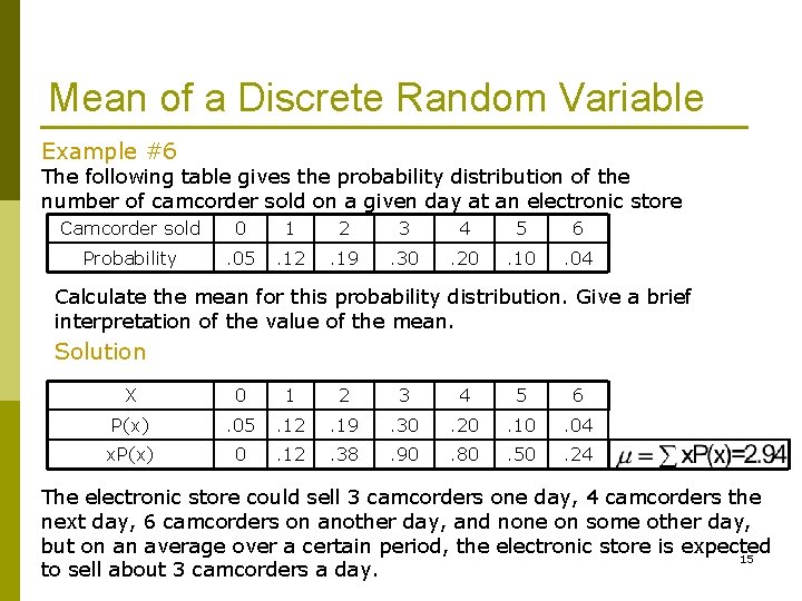 Mean of a Discrete Random Variable Example #6 The following table gives the probability