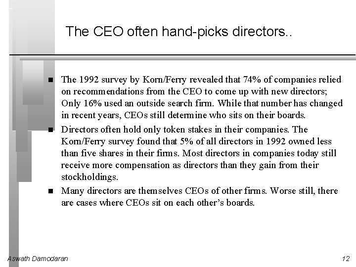 The CEO often hand-picks directors. . The 1992 survey by Korn/Ferry revealed that 74%