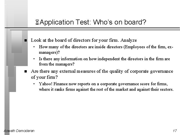 6 Application Test: Who’s on board? Look at the board of directors for your