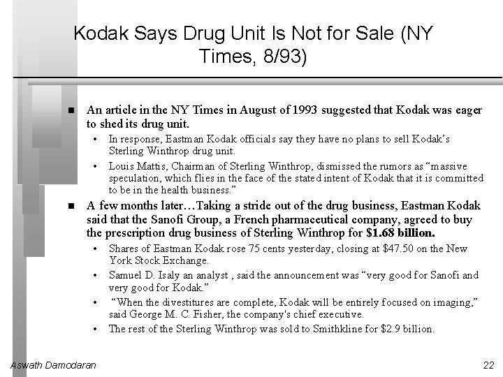 Kodak Says Drug Unit Is Not for Sale (NY Times, 8/93) An article in