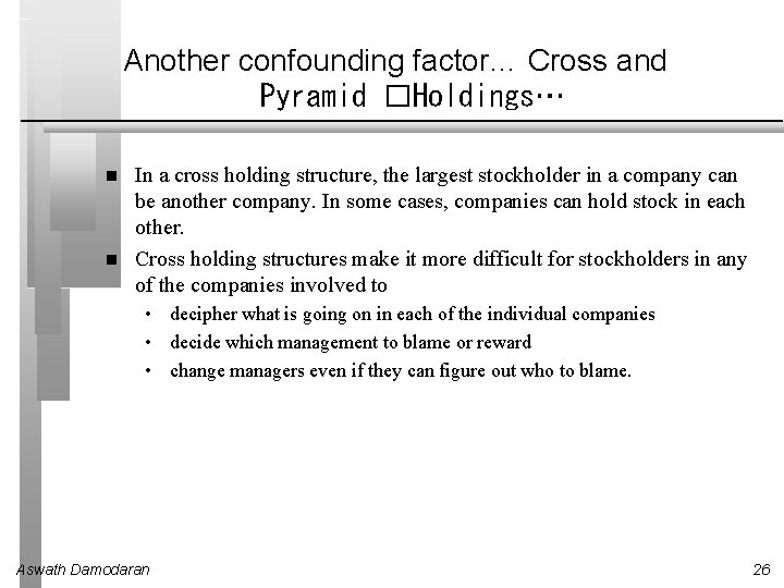 Another confounding factor… Cross and Pyramid �Holdings… In a cross holding structure, the largest
