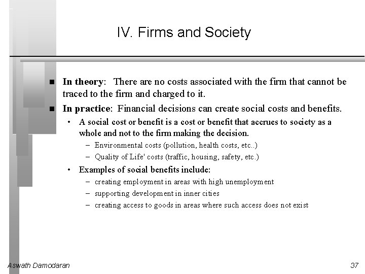 IV. Firms and Society In theory: There are no costs associated with the firm