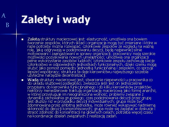 A B Zalety i wady n n Zaletą struktury macierzowej jest: elastyczność, umożliwia ona