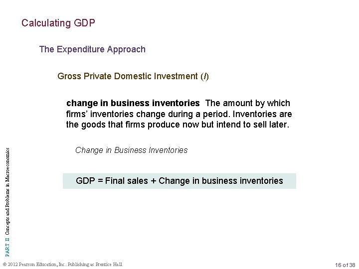 Calculating GDP The Expenditure Approach Gross Private Domestic Investment (I) PART II Concepts and