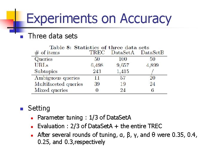 Experiments on Accuracy n Three data sets n Setting n n n Parameter tuning