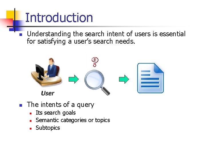 Introduction n n Understanding the search intent of users is essential for satisfying a