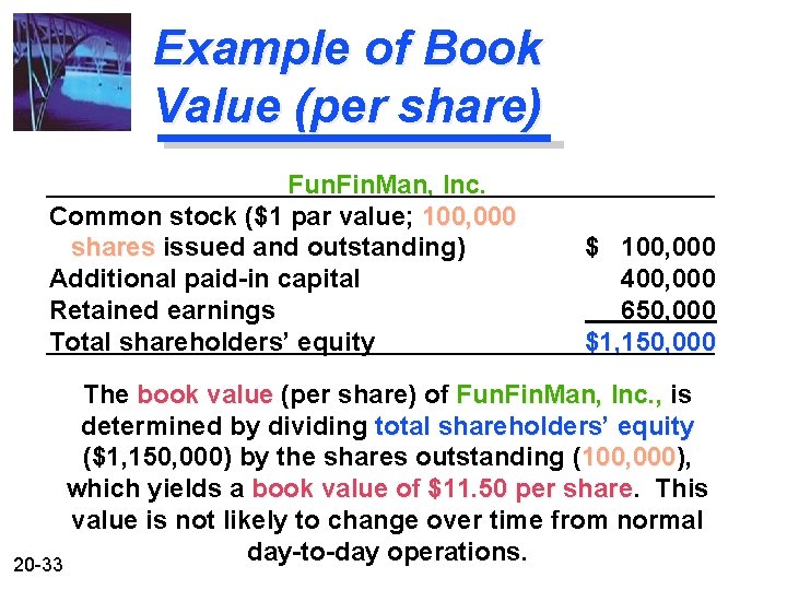 Example of Book Value (per share) Fun. Fin. Man, Inc. Common stock ($1 par