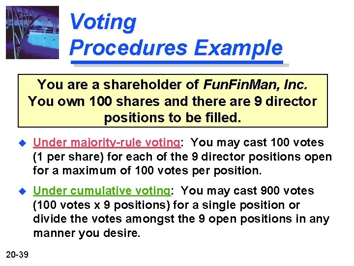 Voting Procedures Example You are a shareholder of Fun. Fin. Man, Inc. You own