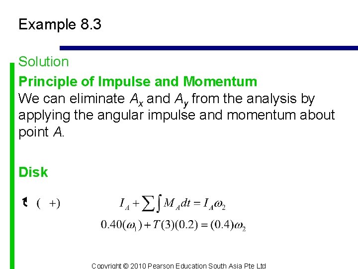 Example 8. 3 Solution Principle of Impulse and Momentum We can eliminate Ax and