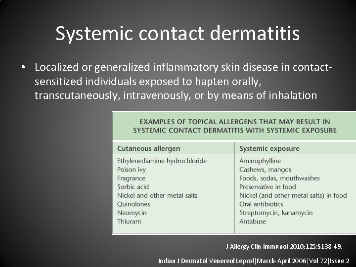 Systemic contact dermatitis • Localized or generalized inflammatory skin disease in contact sensitized individuals