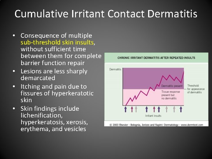 Cumulative Irritant Contact Dermatitis • Consequence of multiple sub threshold skin insults, without sufficient