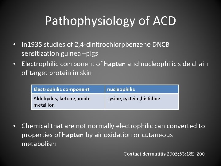 Pathophysiology of ACD • In 1935 studies of 2, 4 dinitrochlorpbenzene DNCB sensitization guinea