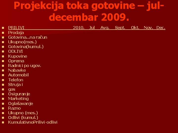 Projekcija toka gotovine – juldecembar 2009. n n n n n n PRILIVI Prodaja