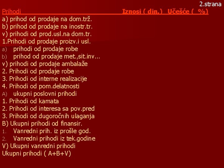 Prihodi a) prihod od prodaje na dom. trž. b) prihod od prodaje na inostr.