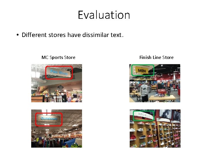 Evaluation • Different stores have dissimilar text. MC Sports Store Finish Line Store 