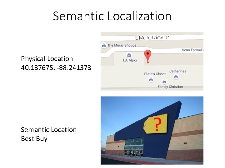 Semantic Localization Physical Location 40. 137675, -88. 241373 Semantic Location Best Buy ? ?