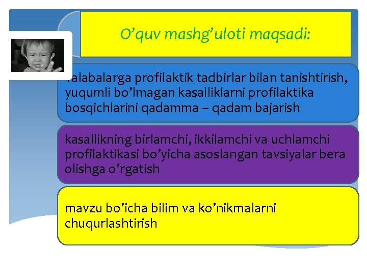 O’quv mashg’uloti maqsadi: Talabalarga profilaktik tadbirlar bilan tanishtirish, yuqumli bo’lmagan kasalliklarni profilaktika bosqichlarini qadamma