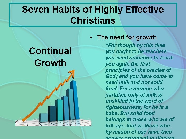 Seven Habits of Highly Effective Christians • The need for growth Continual Growth –