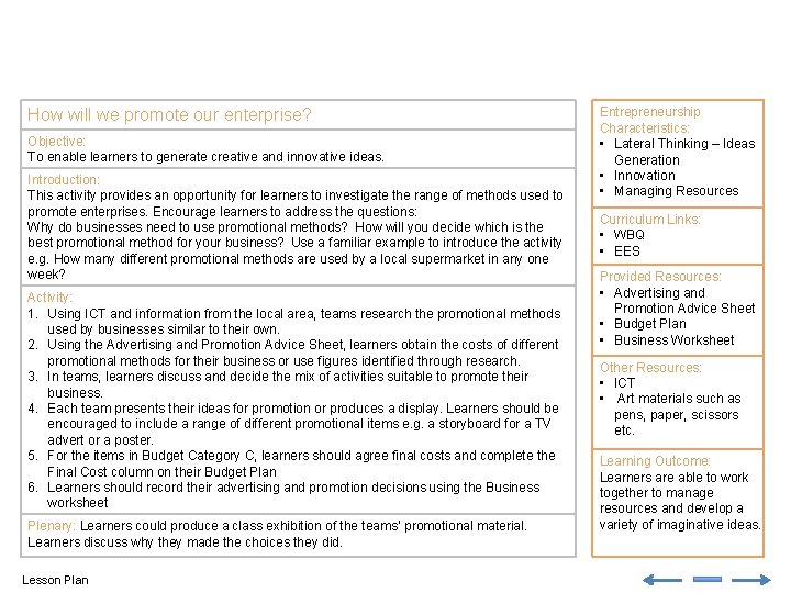 How will we promote our enterprise? Objective: To enable learners to generate creative and