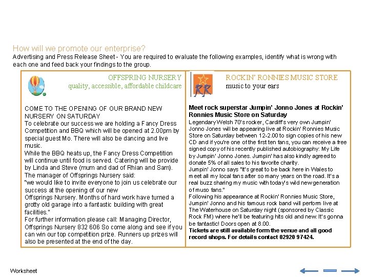 How will we promote our enterprise? Advertising and Press Release Sheet - You are