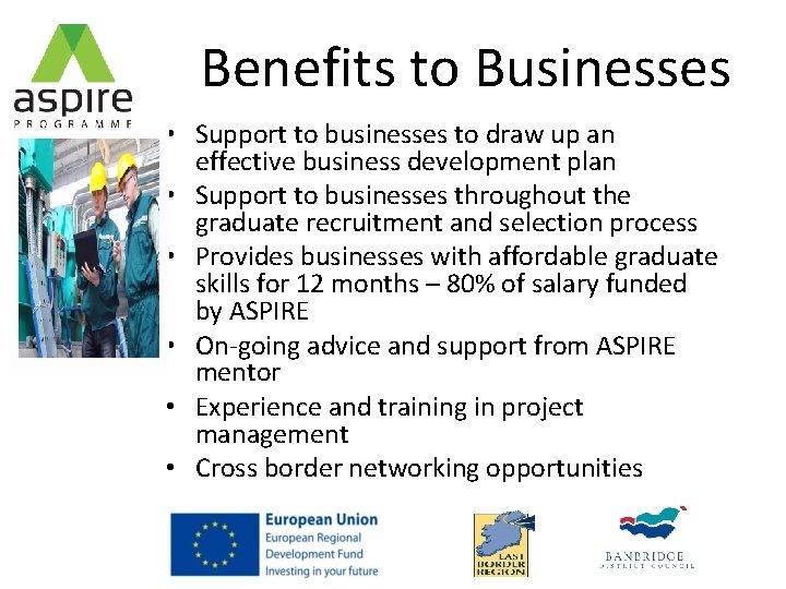 Benefits to Businesses • Support to businesses to draw up an effective business development