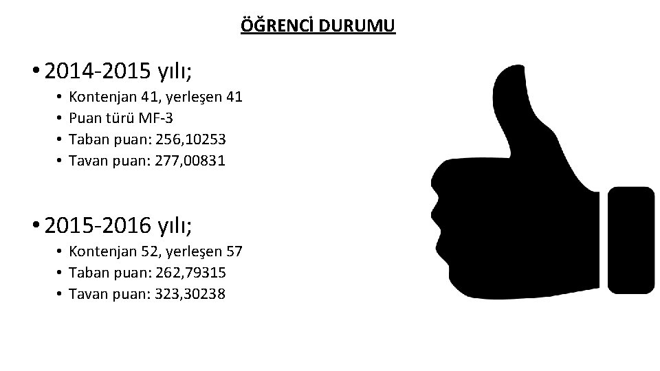 ÖĞRENCİ DURUMU • 2014 -2015 yılı; • • Kontenjan 41, yerleşen 41 Puan türü