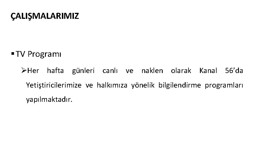 ÇALIŞMALARIMIZ § TV Programı ØHer hafta günleri canlı ve naklen olarak Kanal 56’da Yetiştiricilerimize