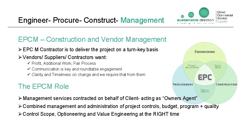 Engineer- Procure- Construct- Management EPCM – Construction and Vendor Management Ø EPC M Contractor