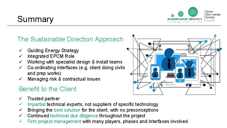 Summary The Sustainable Direction Approach ü ü Guiding Energy Strategy Integrated EPCM Role Working