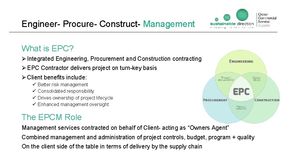 Engineer- Procure- Construct- Management What is EPC? Ø Integrated Engineering, Procurement and Construction contracting