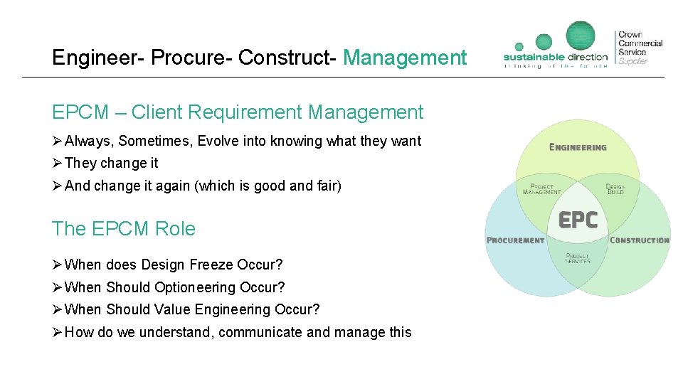 Engineer- Procure- Construct- Management EPCM – Client Requirement Management Ø Always, Sometimes, Evolve into