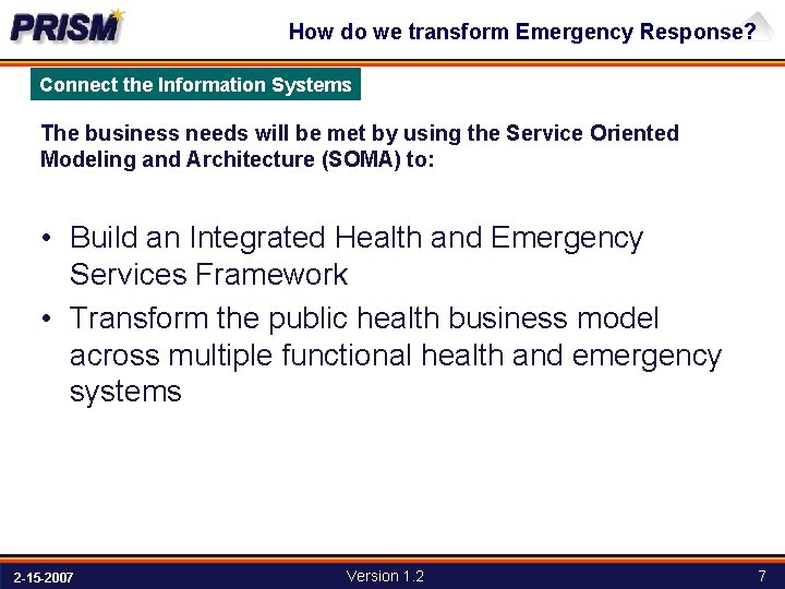 How do we transform Emergency Response? Connect the Information Systems The business needs will