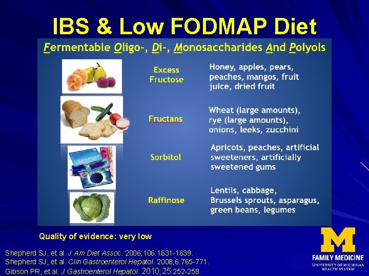 IBS & Low FODMAP Diet Quality of evidence: very low Shepherd SJ, et al.