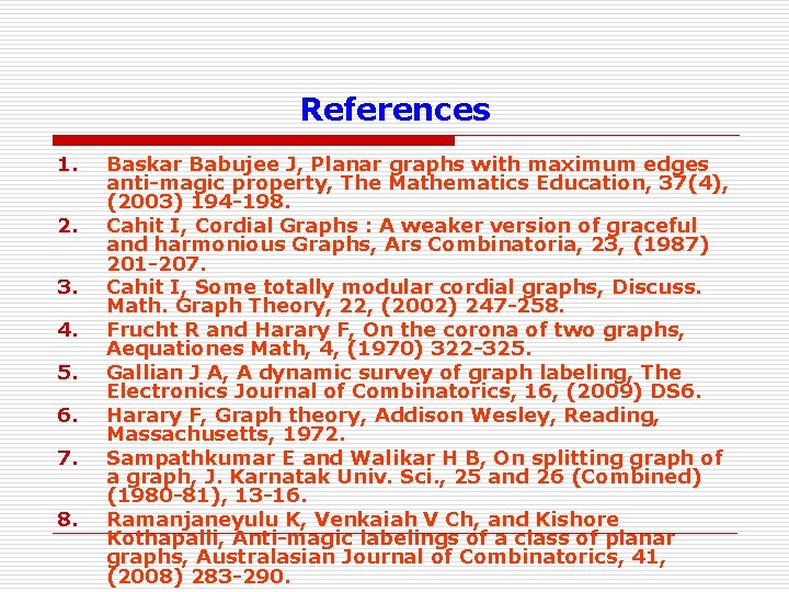 References 1. 2. 3. 4. 5. 6. 7. 8. Baskar Babujee J, Planar graphs