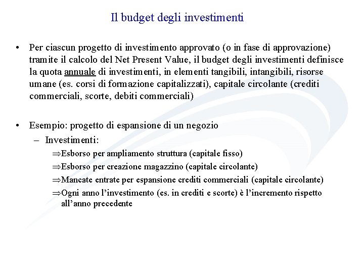 Il budget degli investimenti • Per ciascun progetto di investimento approvato (o in fase