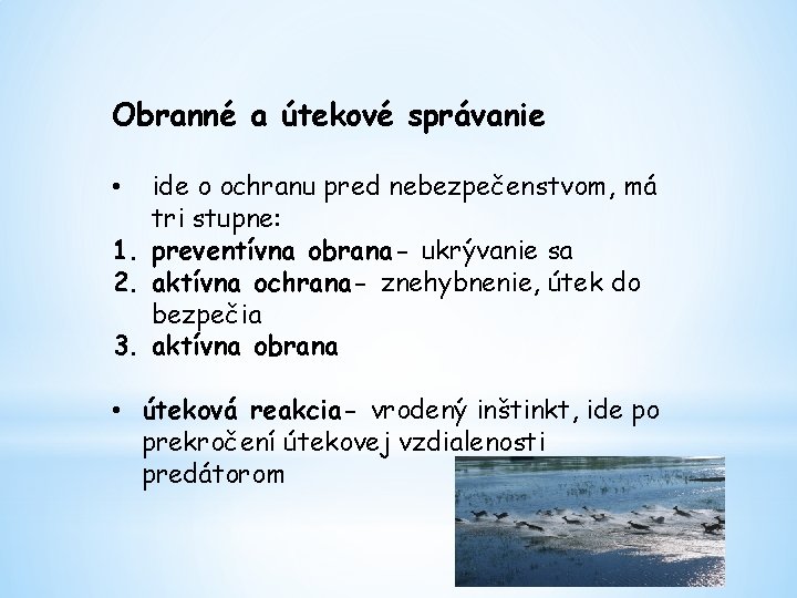 Obranné a útekové správanie ide o ochranu pred nebezpečenstvom, má tri stupne: 1. preventívna