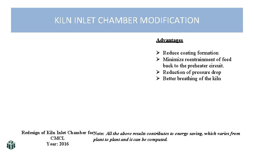KILN INLET CHAMBER MODIFICATION Advantages Ø Reduce coating formation Ø Minimize reentrainment of feed