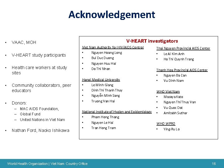 Acknowledgement • • V-HEART study participants • Health care workers at study sites •