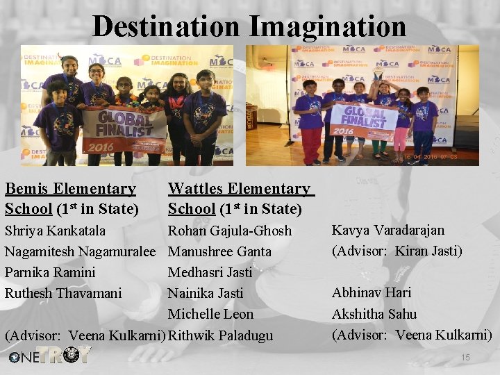 Destination Imagination Bemis Elementary School (1 st in State) Wattles Elementary School (1 st